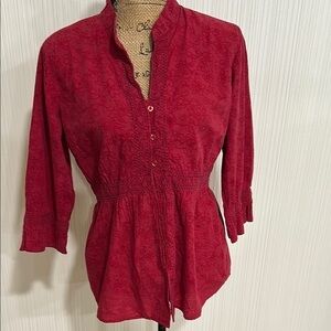Vintage Great Northwest Clothing Company Red Boho Floral Blouse Lace Waist Trim